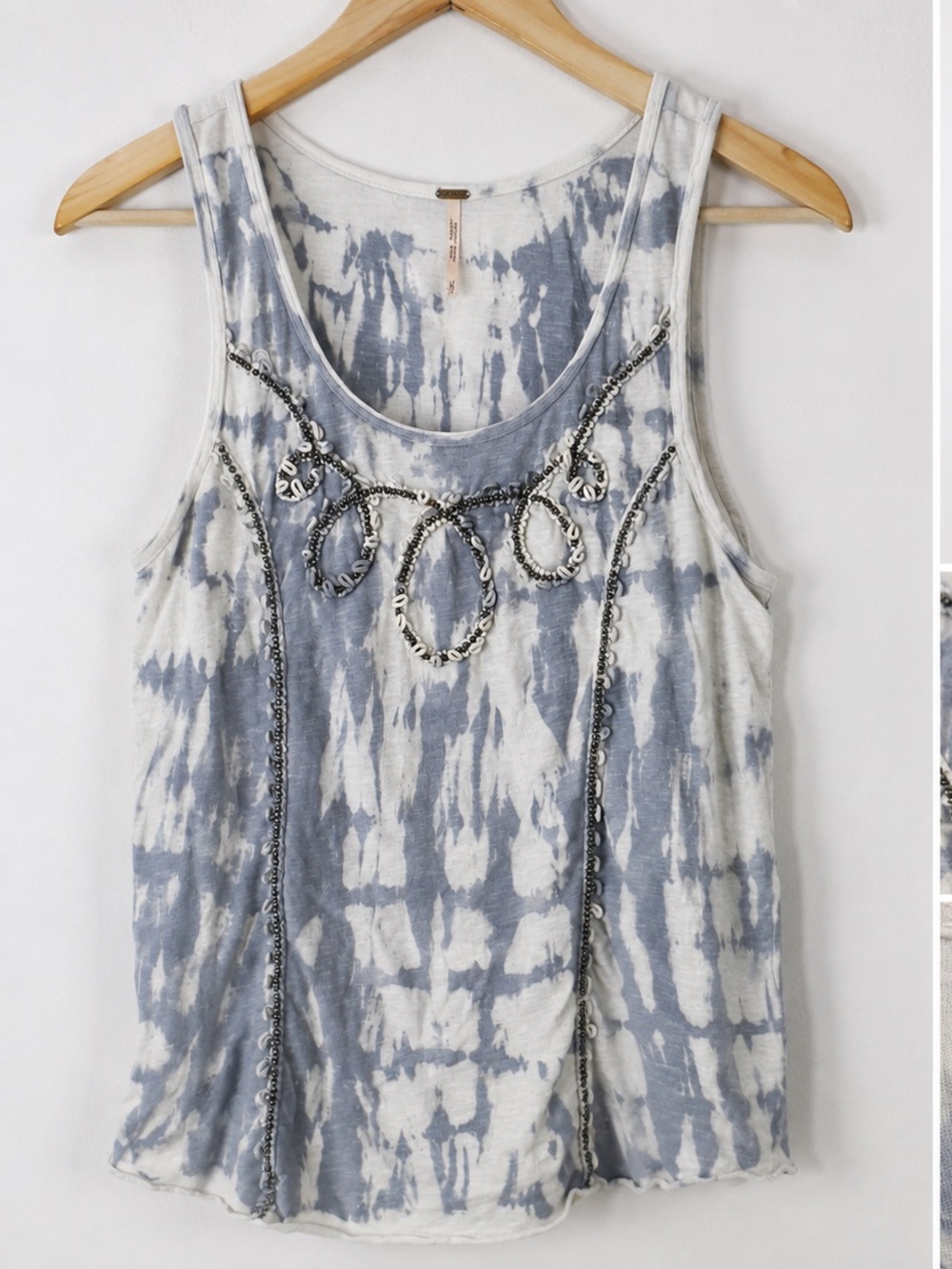 Free People Blue and White Beaded Tie-Dye Tank